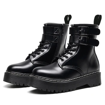 Оригинални дамски двубортные обувки от естествена кожа черен цвят на платформа, дамски ботуши на среден ток, мотоциклетни зимни обувки на дебелите ток