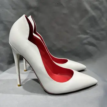 Основни женски обувки-лодка от бяла кожа вълнообразни форми на висок ток 10 cm, модни дамски обувки, без закопчалка с остри пръсти, дамски размери 43 44 45