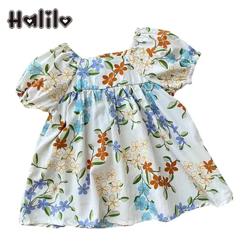 Памучно лятна рокля Halilo с цветен модел за момичета, ново записване, бебешки дрехи за рожден Ден