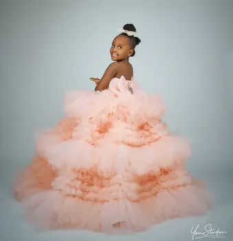 Пищни Розова премяна с цветен Модел за Момичета, Луксозни Рокли с цветен модел за момичета на сватба, Детски официални рокли с волани за рожден Ден за Фотосесия