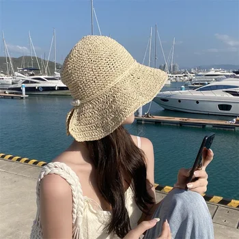 Плажна сламена шапка за почивка на плажа, дамски лято корейски шапка с перлената стол, изплетен от треви, рибарска шапка за чадъри и слънца