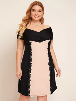 Плюс Размер, елегантно лятно пролетта вечерна рокля с къс ръкав, женски дантелено черно-розова вечерна рокля в стил мозайка, голям размер 5XL 6XL