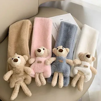 Плюшено детски шал с анимационни мечка, шал с преминаването яка за момчета и момичета, имитация на кожа заек, зимни топли детски шалове за подарък