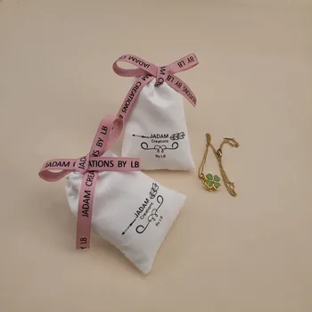 Подаръчни торбички от бял велур с розова панделка 7x9 cm, 11x14 см, 18x30 см, фланелен подаръчни пакети с завязками, торбички за опаковане на