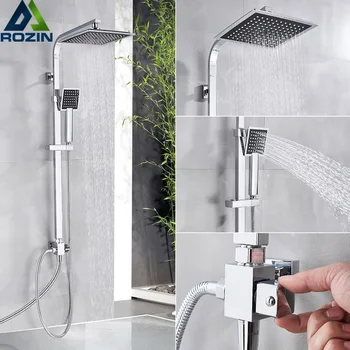 Подвижна хромиран комплект за душ с дъждовна дюза за баня, Стенни душ тръба с ръчен душ, смесител за душ, смесител за тропическа баня