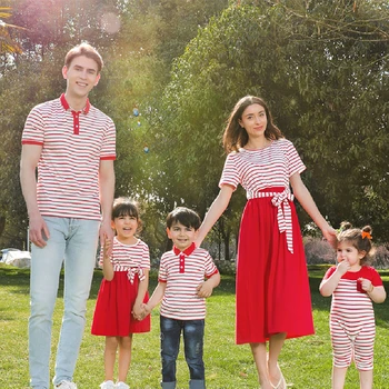 Подходящо облекло за мама, дъщеря, баща и син, шарени рокля с лък, тениска, всекидневни семеен начин, детски гащеризон, празнична облекло