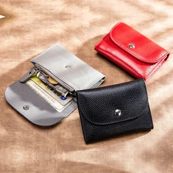 Портфейл от естествена кожа, дамски ежедневни прости дамски къси малки портфейли, портмонета, държач за карти, мъжки чанти за пари с джоб с цип