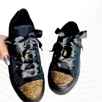 Пришити ръчно черни дантелени аксесоари с нисък покрив, украсен с кристали, парусиновая обувки, интегрирана спортни ежедневни обувки, обувки унисекс 35-46