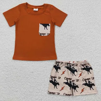 Продажба на едро, детски летен комплект за момче-крави, в западен стил, детска кафява тениска с къси ръкави и джобове, панталони за деца, детски дрехи за родео