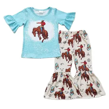 Продажба на едро, дрехи за малките коне в западен стил, синьо топ с къс ръкав и набори за малки момичета, разкроена панталони за Родео, пролетта на детски комплект