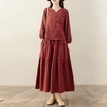 Пролет-есен женска риза в национален стил + пола, комплект с дълга пола на цветчета, ретро литературен костюм от памук и лен, женски дрешки T2040