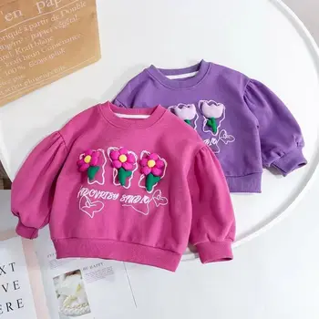 Пролетно-есенен пуловер, за момичета 2023, корейската версия, нов пуловер с дълги ръкави и 3D цвете, свободен кръгъл отвор, всекидневни универсален топ за момичета