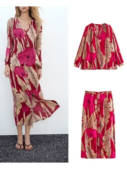 Пролетно-лятна нова дамски дрехи Ruili, пола със средна дължина, с висока талия и цветисти принтом + универсален риза с дълги ръкави и V-образно деколте в цветенце