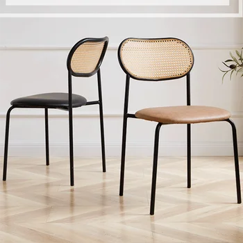 Промишлени трапезни столове с опора за гърба, Модерно Метално Кожен оплетка стол от ратан, Мебели за дома Nordic Sillas