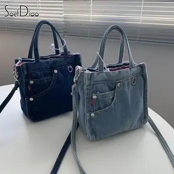 Пътна чанта Soefdioo, чанта през рамо, чанта-месинджър с джобове, анти-кражба ретро-сини дънкови чанти за жени, чанта