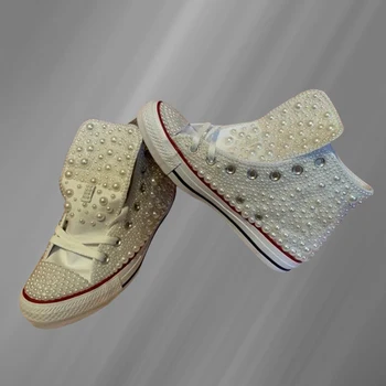 Разнообразна парусиновая обувки с висока и ниска засаждане, удобни спортни обувки за разходка с перлената лента, вулканизированная ръчно изработени обувки с кристали 35-46