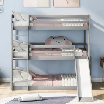 Регулируема трехъярусная легло Twin over twin over twin със стълби и пързалка, сив