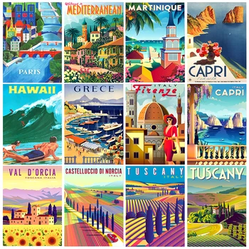 Реколта плакати с известни градски пейзаж, метални консервени знаци, Италия, Франция, Гърция, Хаваите, ретро табела, монтиран на стената арт декор за хола на дома