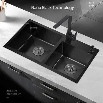 Ресторанная кухненска мивка от неръждаема стомана за подреждане на дома с двойно канавката над мивка Съдомиялна машина с сливными принадлежности