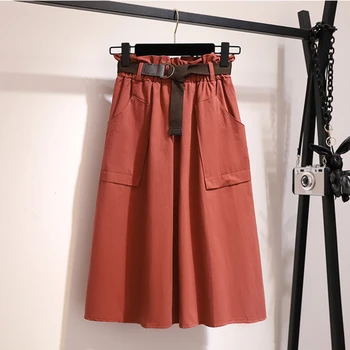 Ретро-колан, универсален пола със средна дължина, пролет-есен, памук нов стил Academy, голям джоб, Поли трапецовидна форма, с висока талия