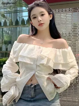 Риза с деколте лодка, дамски елегантни набори, тънък модерен лесна градинска дрехи, пролетта на корейски стил, ръкав-фенерче, универсална дамски новост
