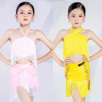 Розов жълт топ с пискюли на бретелях, поли, костюми за латино танци за момичета, обличане на детски сценични състезания, облекла за танци XS6260