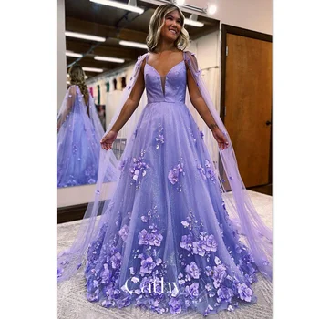 Рокля за абитуриентски бал с цветна бродерия 2023, секси вечерна рокля с ръкави-накидками, рокля на принцеса с 3D цветя, Vestidos De Noche