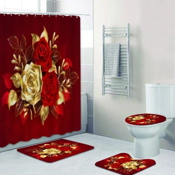 Романтичен комплект завеса за душ с червено-златни рози и цветя за баня, Златна скъпоценен камък, Листа, цвете завеса за баня, килим, мокет, домашен Декор