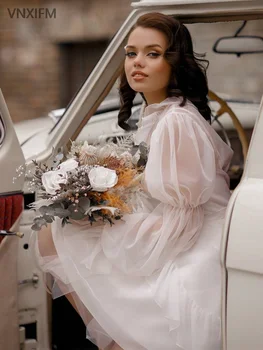 Сватбена рокля с пищни ръкави и гофрированным деколте в стил бохо, Сексуална мини-Кратко Булката Рокля От органза С лък Robe De Mariée Сватбена рокля