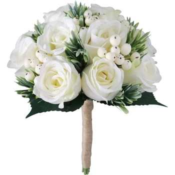 Сватбени букети от плодове рози с цвят на слонова кост със зелени листа Романтично Винтажное украса, ръчно изработени с цветя в ръцете си