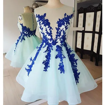 Светло синьо мини-къса рокля за Срещата на завършилите с кръгло деколте Vestido Выпускное рокля Апликация Вечерна рокля Вечерни Рокли за Партита