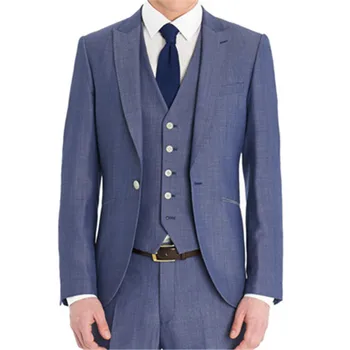 Светло синьо сако, панталони, мъжки костюми, 3 бр. (яке + Панталон + Елек + вратовръзка), Официалната класически мъжки Облегающая стилна сватба облекло