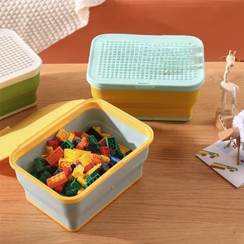 Сгъваема кутия за съхранение на детски играчки с капак - Сгъваем контейнер за строителни блокове за цвят на блок, силикон органайзер за съхранение