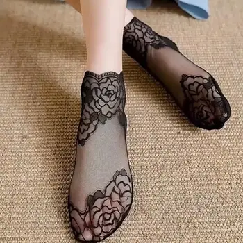 Секси невидими дантелени чорапи, тънки дамски дантелени чорапи-лодки, кухи нескользящие плитки прозрачни чорапи, дамски чорапи в стил Лолита