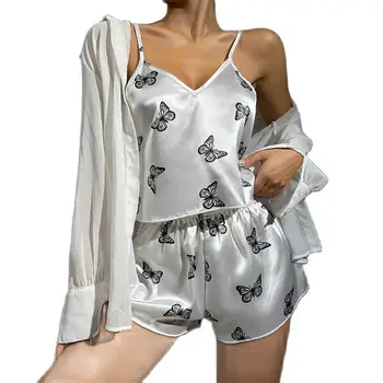 Секси пижамный комплект с принтом на сърцето, дамски пижами от 2 теми, копринен сатен топ на бретелях и шорти, пижами, летен пижамный комплект
