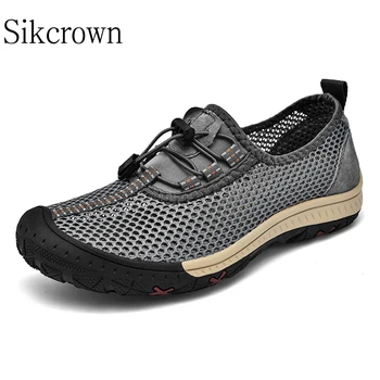 Сив Черен, голям Размер на 48, туризъм обувки, летни Мъжки улични обувки, дишаща ежедневни обувки без закопчалка, устойчива на плъзгане на окото обувки