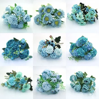 Синя разновидност на есента фалшив чаена роза, божур, копринен цвете, есента гербери, маргаритки, фалшиви цветя, пластмасови направи си САМ сватбени аксесоари за дома