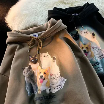 Сладки блузи с качулка с принтом Куче и Котка, американски ретро Тънки блузи, дамски козметична Дрехи, есенни свободни върховете на корейската марка Kawaii 2022