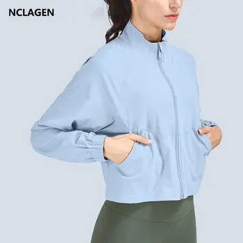 Спортен топ NCLAGEN, дамски есенно-зимно яке за бягане, спортни дрехи с цип дълъг ръкав, ежедневни Свободна дишаща блуза за фитнес и Йога
