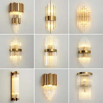 Стенен лампа от прозрачен кристал E14, стенни тела от неръждаема стомана за фоайе, спалня, коридор, трапезария, златни аплици