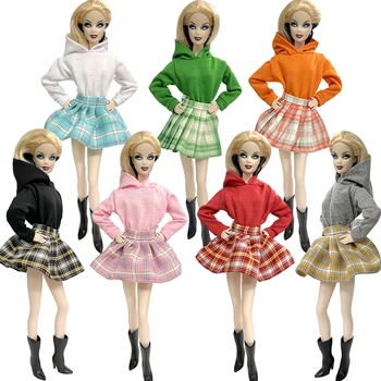 Стоп-моушън облекло NK 29 см, къса hoody за дрехи на Барби, аксесоари за кукли 1/6, монофонични свободен пуловер с качулка, пола JJ