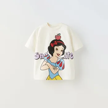 Тениска на принцеса Дисни, детски тънки памучни дишащи блузи с къс ръкав, ежедневни свободни прости универсални тениска за момиченца