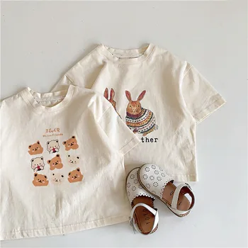 Тениска с къси ръкави и шарките хубаво зайче за деца, лятна тениска Унисекс с медвежонком и цвете, свободна риза, горна дреха