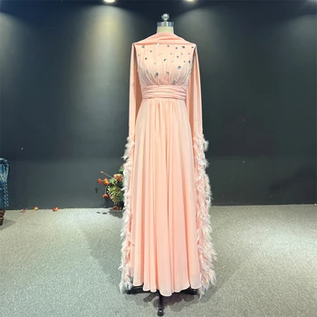 Топ 100% реални снимки, вечерна рокля с розови шифоновыми пера и дълги ръкави с дължина до пода, вечерни рокли за жени