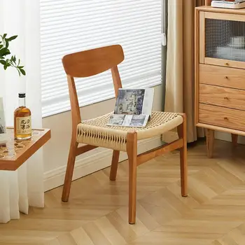 Трапезария стол от масивна дървесина, изтъкан от въже, за домашна чаена стая, тъкани маса за хранене с облегалка в ретро японски стил за кафене
