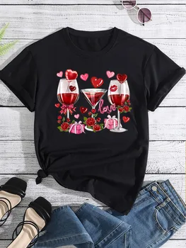 Три чашки Любов сърца, червени устни с принтом нова мода жените тениска с къс ръкав v-образно деколте топ черното е бяло, розово летни дрехи