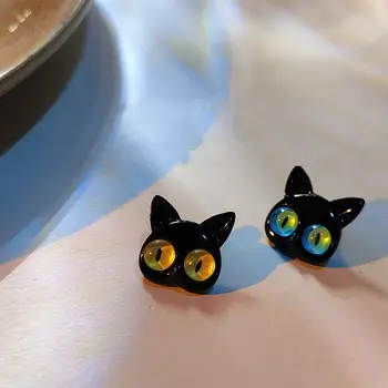 Уникални корейски красиви асиметрични обеци-карамфил с изображение на котка за жени, черни обеци-карамфил с изображение на животно котка, вечерни модни бижута, подаръци