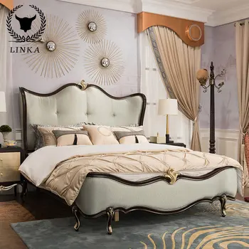 Френска неоклассическая кожено легло от масивна дървесина европейската спалня на тъканта, двойно легло проста красива светла луксозно легло принцеса E5