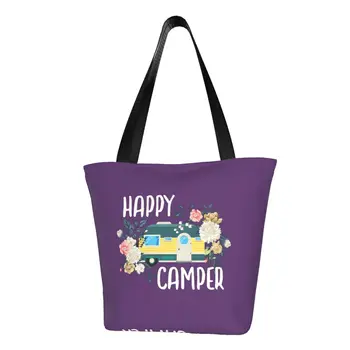 Холщовая пазарска чанта с флорални принтом Happy Camper, дамски множество чанта за пазаруване, мультяшные чанти за къмпинг на колела