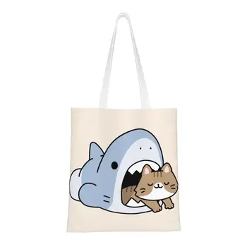 Чанта за пазаруване с котешка Акула, холщовые чанта през рамо, преносима чанта с мультяшными животни от аниме